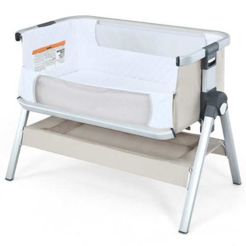 Costway Baby Bassinet Bedside Sleeper w/Storage Basket & Wheel for Newborn, Color: Beige