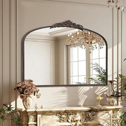 Large Bronze Vintage Mirror: 48"x33" French Baroque Antique Arched Mirror - Traditional Ornate Decorative for Wall/Fireplace/Mantel/Entryway/Bathroom/Hallway - Home Decor for Living Room