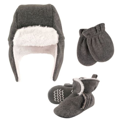 Hudson Baby Trapper Hat, Mitten and Bootie Set, Heather Charcoal, 0-6 Months