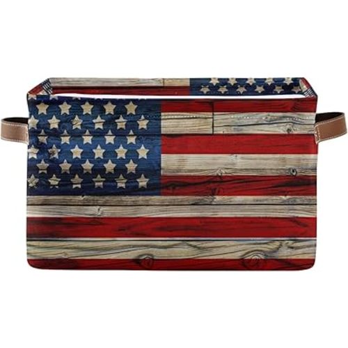 AUUXVA American Flag Patriotic Wooden Storage Basket Bin Memorial Day Large Fabric Toys Storage Cube Box with Handles Collapsible Closet Shelf Cloth Organizer Basket for Nursery Bedroom Bathroom