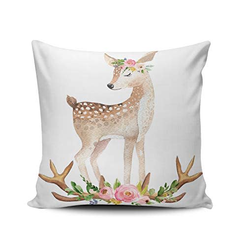 Fanaing Pink Green and Brown Boho Woodland Antlers Baby Girl Nursery Pillowcase Home Sofa Decorative 18X18 Inch Square Throw Pillow Case Decor Cushion Covers One-Side Printed