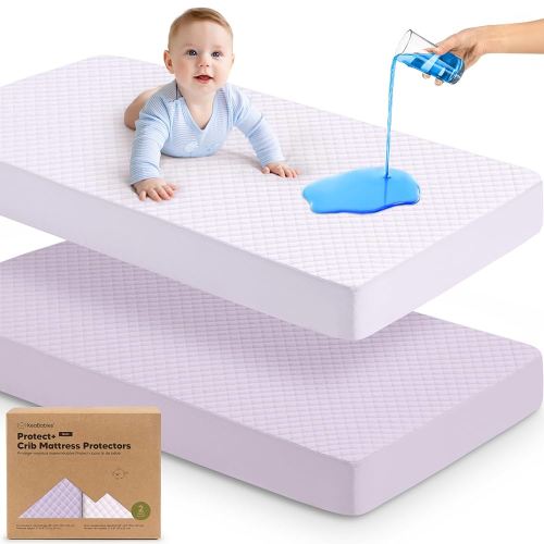 Waterproof Crib Mattress Protector Cover Fitted - 2-Pack Quiet Baby Mattress Topper Crib Sheets, 52" x 28" Quilted Cotton Toddler Baby Pad Sheet Liner, Easy Fit, Durable(Lilac)
