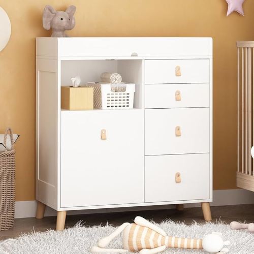 Baby Changing Table Dresser for Infants, Nursery Dresser Chest with 5 Drawers, Shelf, Storage Changing Station Dresser, White
