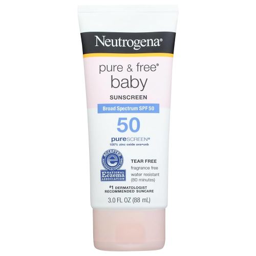 Neutrogena Pure & Free Baby Mineral Sunscreen Lotion with Broad Spectrum SPF 50 & Zinc Oxide, Water-Resistant, Hypoallergenic & Tear-Free Baby Sunscreen, Paraben-Free, Dye-Free, 3 fl. oz, 1 Pack