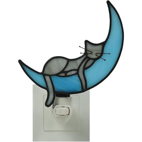 BOXCASA Cat on Moon Decor Stained Glass Night Lights Plug Into Wall Decorative,Night Light Plug in Decor for Children's Room Kitchen Toilet Bathroom,Cats Themed Gifts for Women Cat Lover