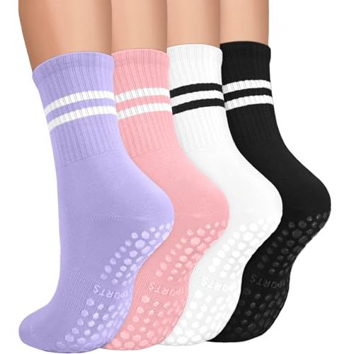 yeuG 4 Pairs Non Slip Pilates Socks with Grips for Women, Grip Socks for Yoga Barre Grippy Crew Socks Woman Sticky Socks