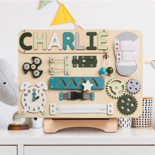 Personalized Baby Busy Board, Wooden Montessori Toys