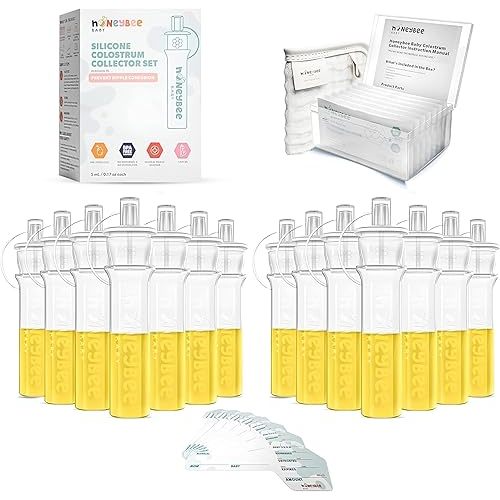 Colostrum Collector Kit | Reusable Silicone Breast Milk Collector for Harvesting Colostrum Breastmilk, Pre-Sterilized Includes Storage Case & Cotton Wipe | Set of 14 Collectors, 5mL each