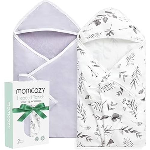Momcozy Baby Hooded Towel-Made from Cotton, Suitable for Newborn Shower Gifts, 2 Count (Pack of 1), 28 X 28 Inch, Ink Wash Leaves