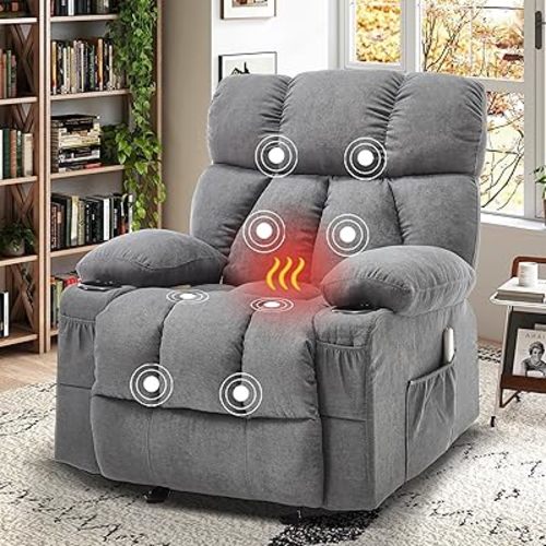 Massage Recliner Chair, Overstuffed Rocker Lazy Boy Chairs with Vibration&Gently Heat,Fabric Ergonomic Manual Nursery Chair for Living Room with Side Pocket, 2 Cup Holders&USB Charge Port, Grey
