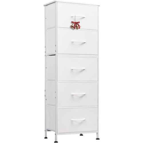 WLIVE Fabric Dresser, 5-Drawer Tall Dresser for Bedroom, Storage Dresser Organizer with Fabric Bins, Wood Top, Sturdy Steel Frame, Chest of Drawers for Closet, Hallway, White