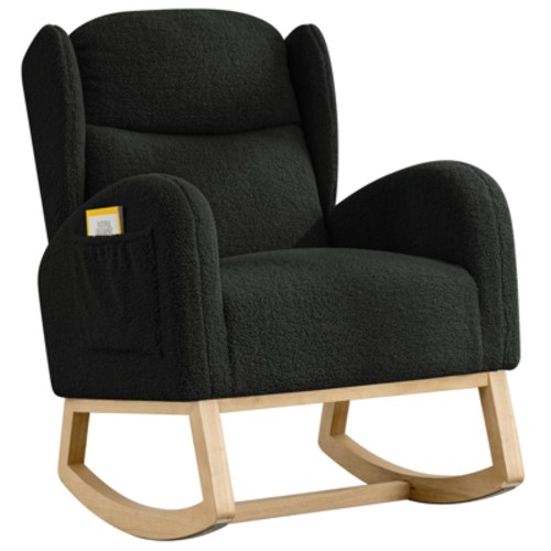 Muumblus Wingback Glider Rocking Chair for Baby Nursery, Adult, Indoor, Black Teddy