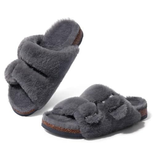 KIDMI Fuzzy Slippers Women with Cork Footbed Fluffy Slides Open Toe Indoor House Shoes | Arch Support | Adjustable Buckles