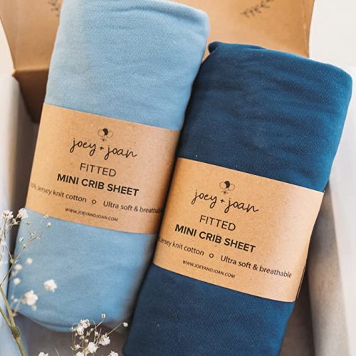 Joey + Joan Mini Portable 24x38 Fitted Crib Sheets – Compatible with Dream on Me, Delta Porta Crib and Arms Reach Ideal Cosleeper – Buttery Soft 100% Cotton – Dusty Blue + Navy – 2 Pack