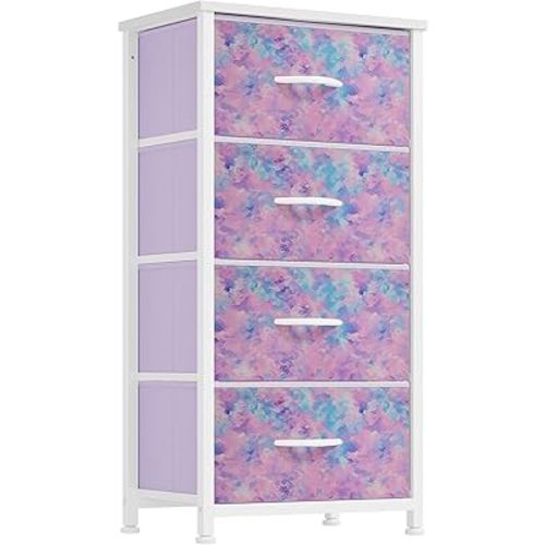 DWVO Dresser with 4 Drawers - Storage Tower Unit, Dresser for Bedroom, Living Room, Closets - Sturdy Steel Frame, Wooden Top & Easy Pull Fabric Bins, Purple