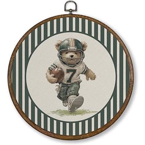 Qskjre Vintage Cute Bear Football Nursery Wall Art Decor, Green Striped American Football Sport Round Wood Framed Canvas Wall Artwork, Trendy Hanging Prints for Boys Room Playroom Decoration, 10x10in