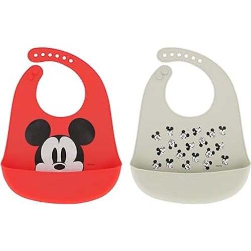 Disney 2-Pack Unisex Baby & Toddler Silicone Bibs with Food Catcher, Soft Waterproof Feeding Accessories