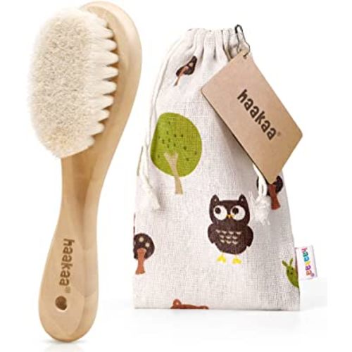 haakaa Baby Hair Brush for Newborns Wooden Baby Brush Natural Soft Goat Wool Bristles Hairbrush with Carry Pouch - Ideal for Cradle Cap