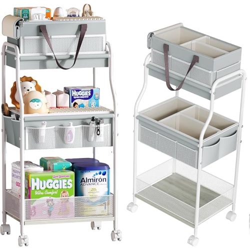 2 In1 Baby Diaper Caddy Organizer & Storage Cart, 3-Tier Rolling Diaper Organizers with Divider and 12 Pocket，Nursery Bedside Caddy Utility Cart for Baby Clothes & Dresser Baby Bottle -Baby Essential