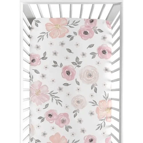 Sweet Jojo Designs Fitted Baby Crib Sheets (Pink/Grey Boho Floral) for Girls, Infant Nursery, Toddler Room - Standard Size (Blush, Rose, Gray, Flower, Bohemian, Farmhouse, Wildflower, Nature, Elegant)