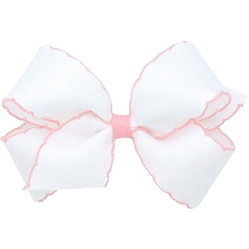 Wee Ones Girls' Classic Grosgrain Moonstitch Edge Hair Bow on a WeeStay Hair Clip, Medium, White with Light Pink