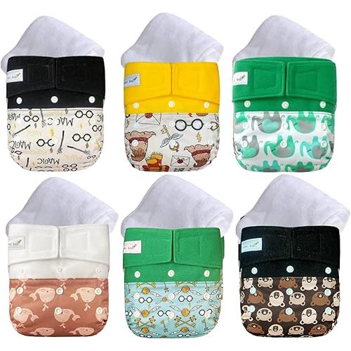 KaWaii Baby One Size HD3 Cloth Diapers, Reusable Adjustable Gender Neutral Easy Hook & Loop 8-36 lbs, Set of 6 Diapers with 6 Super Absorbent Stay-Dry Diaper Inserts