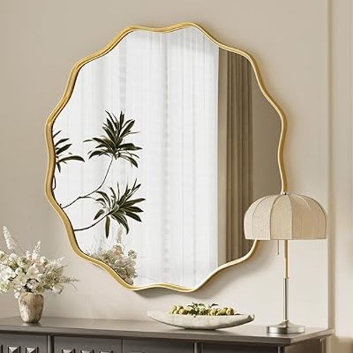 Gold Scalloped Circle Mirror, 30" Wavy Edge Round Wall Mirror with Tempered Glass Textured Circular Metal Deep Frame, Hanging Leaning for Bathroom, Hallway, Entryway, Livng Room