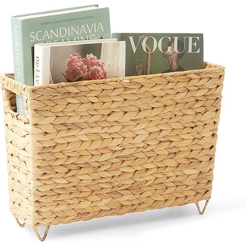 Artera Magazine Wicker Basket with Handles, 15.5 L x 5.3 W x 10 H in, Bathroom - Home Office Handwoven Holder for Books, Newspaper, File and Mail.