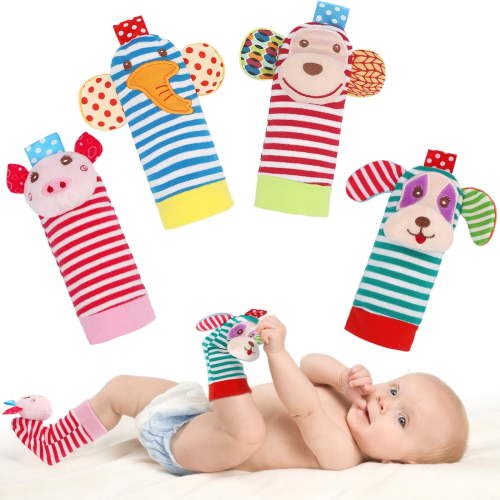 Bloobloomax Baby Rattle Socks Cute Design Soft Fabric Foot Finder Rattle with Bells, 4 Piece Count