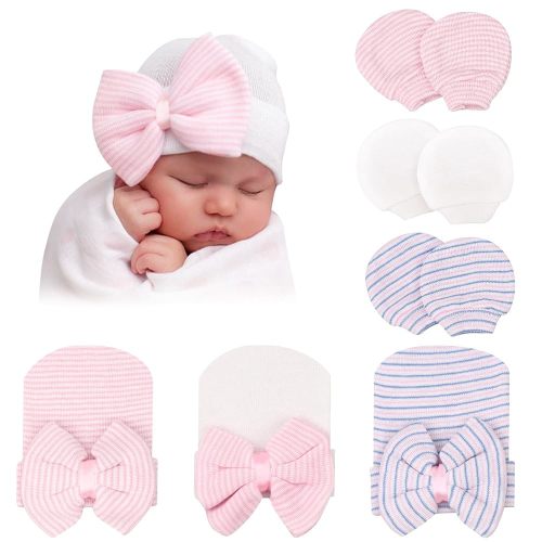 DRESHOW BQUBO Newborn Hospital Hat and Mittens Infant Baby Beanie Soft Cotton Cute Knot Nursery Cap for 0-6 Months Girls Boys