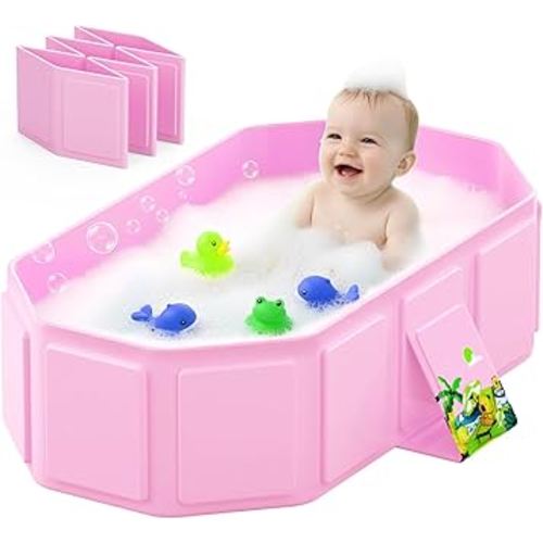 Collapsible Baby Bathtub, Toddler Bathtub with a Drain Plug, Folded for Storage Without Assembly, Suitable for Newborns to Toddlers, Portable Bathtub for Outdoor Travel, Pink