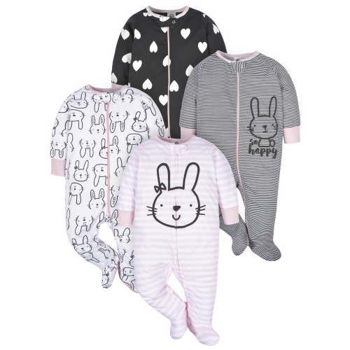 Gerber Newborn Baby Girl Zipper PJs, Sleep 'n Play Footed Pajamas with Mitten Cuffs, 4-Pack