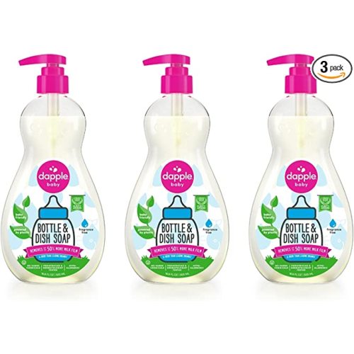 Dapple Baby Bottle Soap, Hypoallergenic Dish Soap for Baby Bottles, Powered by Plants, 1 Pump Included, Packaging May Vary, Fragrance Free, 16.9 Fl Oz (Pack of 3)