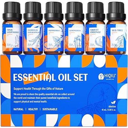 HIQILI Essential Oils for Diffusers for Home,Top 6 Gift Essential Oil Set,Include Lavender, Orange, Peppermint, Tea Tree, Eucalyptus, Lemongrass,Beginner Kit(10ML*6)