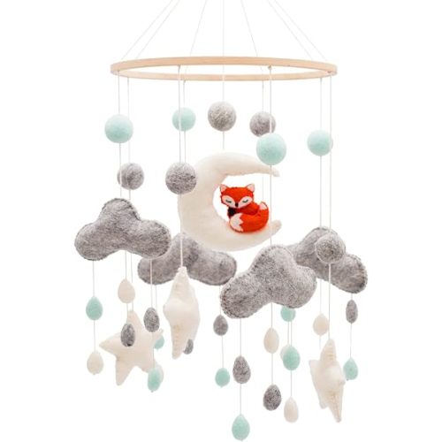 GLACIART ONE Baby Nursery Woodland Mobile for Crib | Gender Neutral Mobile for Forest Theme Nursery Decor | Felt Hanging Fox & Moon Room Decorations Handmade from Natural Wool | Great Gift Idea