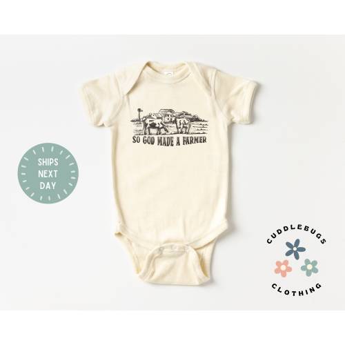 So God Made A Farmer Baby Onesies® Bodysuit - Western Cowboy Farm Bodysuit - Ranch Hand Baby Shower Gift - Baby Boy Gift - Natural Bodysuit