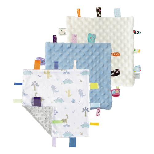 CREVENT Tag Security Blankets for Babies, Soft Small Loveys for Boys, Baby Comforter Sensory Blanket, Great Gifts for Birthday Baby Shower (10"X10" Dino + Blue + Ivory)