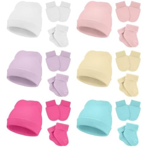 Toulite 6 Pack Preemie Hats Mittens and Socks Set Cotton Preemie Beanie Hat Socks and No Scratch Mittens