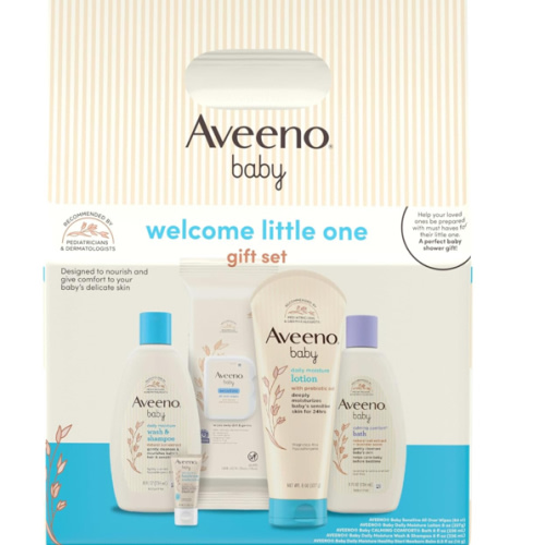 Aveeno Baby Welcome Little One Gift Set, Baby Skincare Set with Nourishing Baby Body Wash & Shampoo, Calming Bath Wash, All Over Baby Wipes, Daily Moisturizing Lotion, & Baby Balm, 5 Items