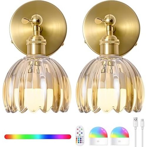 Vintage Battery Operated Wall Sconces - 5000mAh Wireless Rechargeable RGB Dimmable Lights with Remote Control - Set of 2 Powered Light Sconce - Cognac Tulip Glass Cordless Mounted Lighting for Bedroom