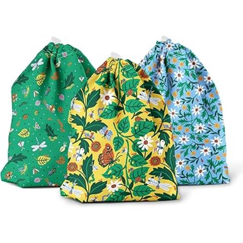 Esembly Ditty Bag Trio, Waterproof Wet Dry Bags for Cloth Diapers, Swimsuits, Gym Clothes, Toiletries and Snacks - Dancing Daisies, Crawlers and in The Garden Prints (Pack of 3)