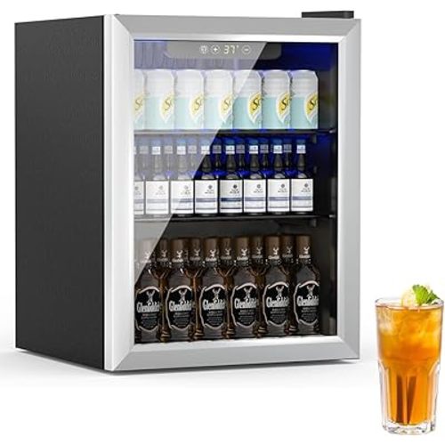 Compact Beverage Refrigerator,76 Can/1.7 Cubic Feet Fridge with Glass Front Door for Soda, Beer or Wine, Under Counter Small Refrigerator with Adjustable Shelve & Digital Display