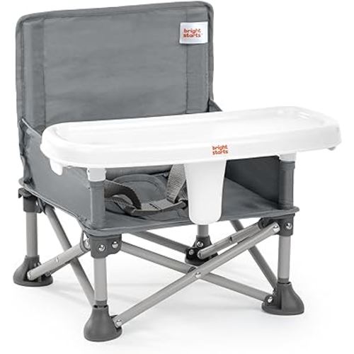 Bright Starts Pop 'N Sit Portable Booster, Indoor/Outdoor Use, Floor Seat with Feeding Tray, Grey, 6 Mos - 3 Yrs