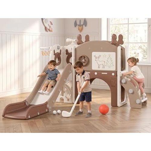Mloong Toddler Slide for Kids - 11 in 1 Kids Slide for Toddlers Baby 1-3 Years Old, Indoor and Outdoor with Basketball Hoop Golf Drawing Set, Easy Assembly Elk Theme(Beige & Rosy Brown)(54×62×39in)