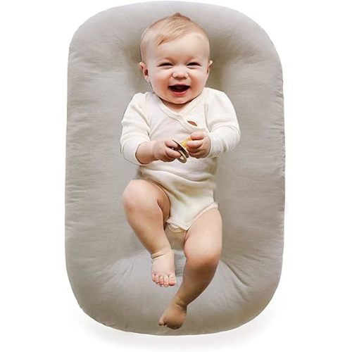 Baby Lounger Play Mat 100% Cotton,Soft & Breathable Tummy Time Mat for Newborn Infant 0-24 Months,Babies Essentials Gifts,Apricot