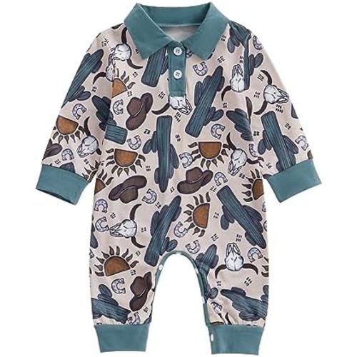 SAYOO Western Baby Cowboy Clothes Neutral Zipped Fall Romper Outfit for Boy Girl Infant Lapel Cow Print One-piece Jumpsuit