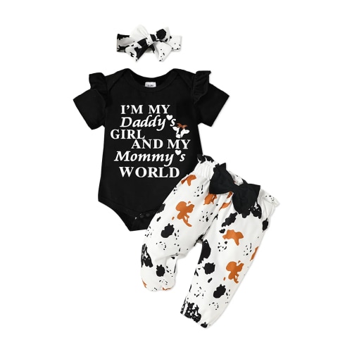 PatPat 3pcs Baby Girl Clothes 95% Cotton Short-sleeve Black Romper Pants Set, 9-12 Months