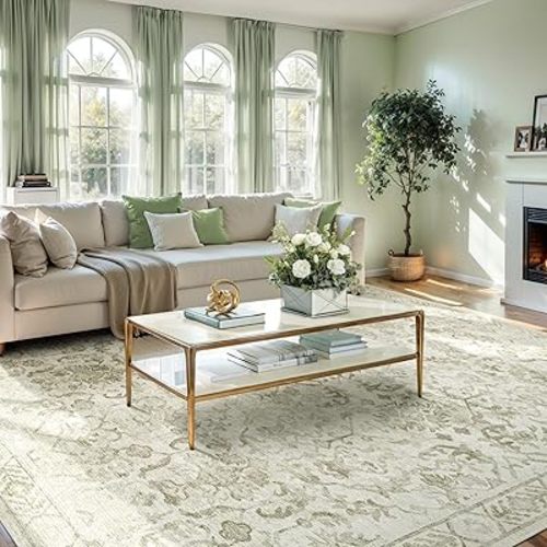 Deerly Sage Green Rugs 8x10 for Living Room Soft Non-Slip, Large Vintage Floral Area Rug Retro Tribal Farmhouse Stain Resistant Carpet for Bedroom Dining Room Office Guest Room