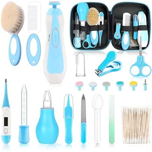 Baby Grooming Kit,Electric Safety Nail Trimmer Baby Nursery Kit,Infant Safety Care Set with Hair Brush Comb Nail Clipper Nasal Aspirator,Baby Essentials Kit for Newborn Girls Boys (21 PC-Blue Kit)