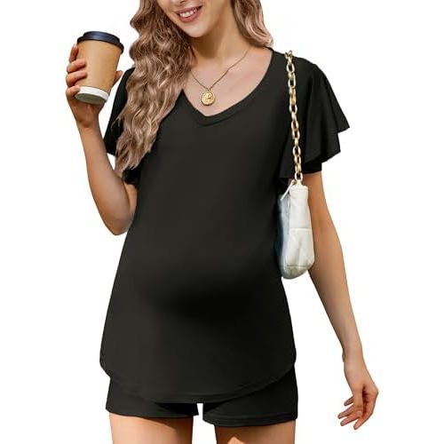 Ekouaer Maternity Sets 2 Piece Outfits Flowing Short Sleeve V Neck Postpartum Pregnancy Pajamas Clothes
